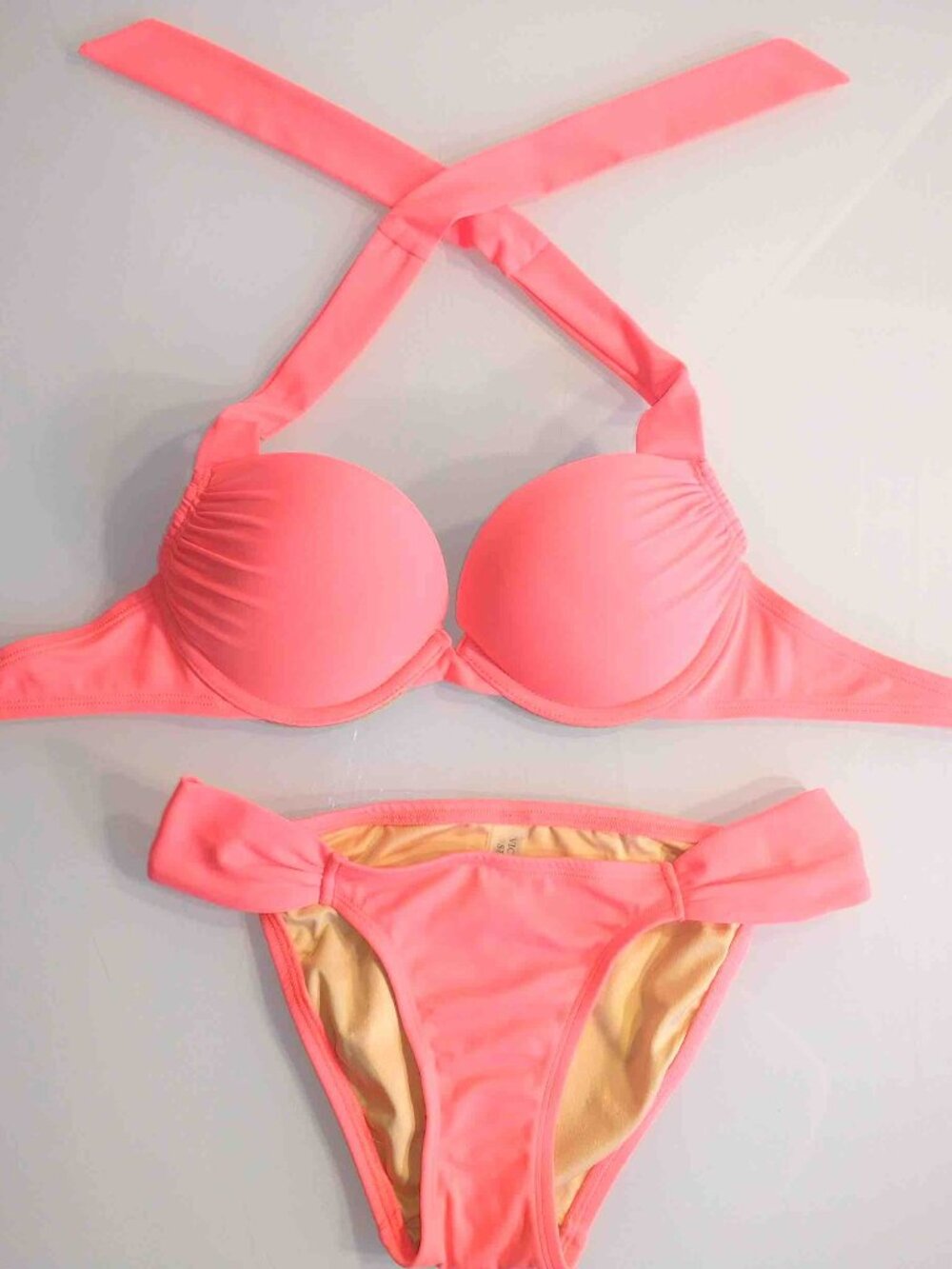 Victoria's Secret Bombshell Bikini Set 32B XS Push Up Forever Young Coral X63